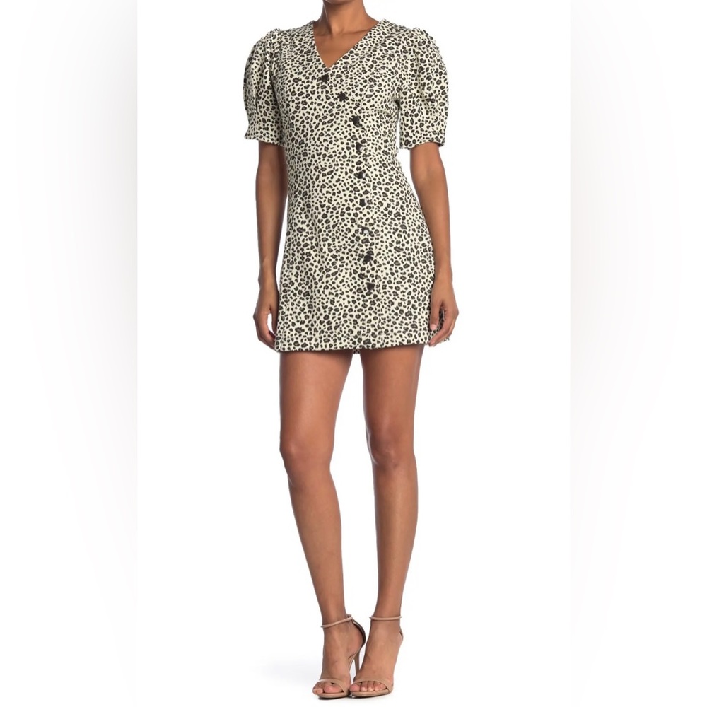 MOON RIVER ANTHROPOLOGIE Denim Puff Sleeve Cheetah Print Mini Dress
